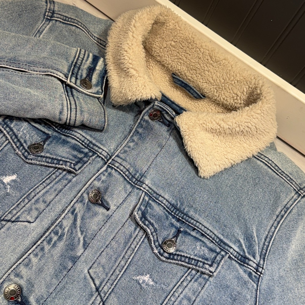 Hollister Men's Denim Jacket Sherpa Fleece Lined Western Trucker Coat Size L